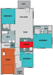 A floor plan of a house with a garage and three bedrooms.