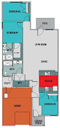 A floor plan of a house with a living room, dining room, kitchen, and three bedrooms.