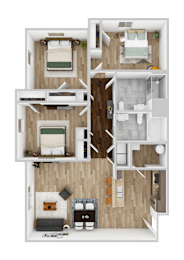 A top-down view of a small apartment layout with a kitchen, living room, and bedrooms.