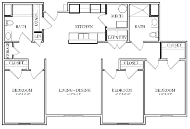 A black and white image of a floor plan for a house with four bedrooms, a living room, a dining room, a kitchen, a laundry room, a storage area, and a mechanical room.