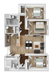A 3D layout of a house with multiple rooms and furniture.