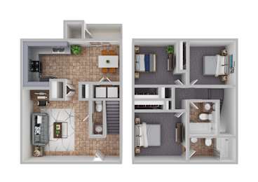 A floor plan of a small apartment with two bedrooms and a bathroom.