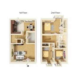 A diagram shows the layout of a one-bedroom apartment on the first and second floors.