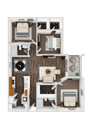A 3D floor plan of a small apartment with a living room, kitchen, and bathroom.