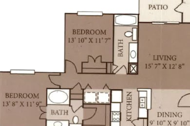 A floor plan of a house with a living room, two bedrooms, a patio, a kitchen, and a dining area.