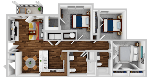 A 3D floor plan of a house with a kitchen, living room, and two bedrooms.