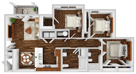 A 3D floor plan of a house with two bedrooms, a living room, a kitchen, and a bathroom.