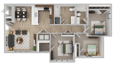 A detailed 3D floor plan of a house layout.