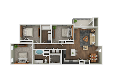 A detailed 3D floor plan of a two-bedroom apartment.