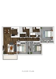 A floor plan of a house with a kitchen, living room, and bathrooms.