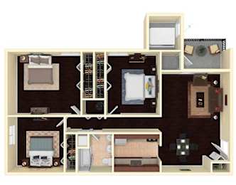 A floor plan of a house with a kitchen, living room, and bedrooms.