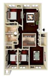 A floor plan of a house with a kitchen, living room, dining room, and two bedrooms.