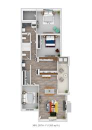 A floor plan of a 3 bedroom, 2 bathroom apartment with a total area of 1200 sq ft.