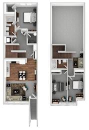 A floor plan of a two-story apartment with a living room, kitchen, and bedrooms.