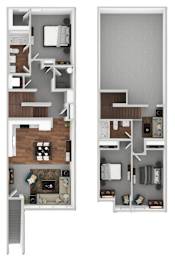 A floor plan of a two-story apartment with a living room, kitchen, and bedrooms.