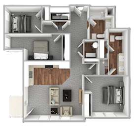 A 3D floor plan of a house with multiple rooms and furniture.