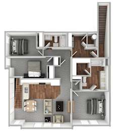 A 3D floor plan of a small apartment with a kitchen, living room, and bedroom.