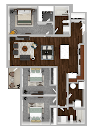 A 3D floor plan of a house with a kitchen, living room, dining room, and bedrooms.