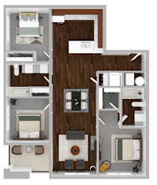 A 3D floor plan of a house with a living room, kitchen, dining room, and two bedrooms.
