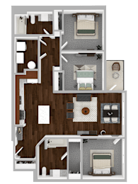 A detailed 3D floor plan of a house layout.