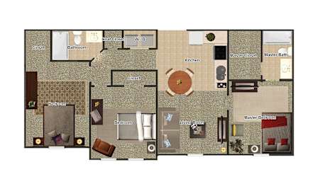A floor plan of a house with a kitchen, living room, and two bedrooms.