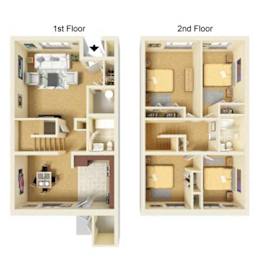 A diagram showing the layout of a one and two bedroom apartment.
