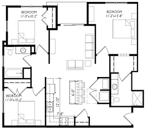 A black and white image of a floor plan for a house with three bedrooms.