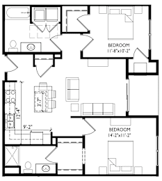 A black and white image of a floor plan for a house with two bedrooms.