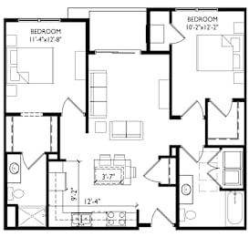 A black and white image of a floor plan for a house with two bedrooms.