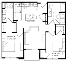 A black and white image of a floor plan for a house with two bedrooms.