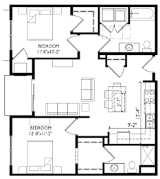 A black and white image of a floor plan for a two bedroom apartment.