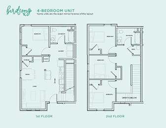 A floor plan of a 4-bedroom apartment with two different layouts for the first and second floors.