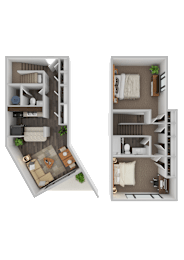 Two floor plans of a house with a living room, kitchen, and bathroom.