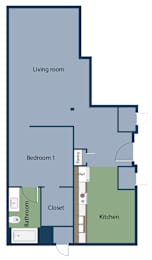 A floor plan of a home showing a living room, kitchen, and Bedroom 1 with a closet and bathroom.