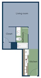 A diagram of a living room with a closet, bathroom, and kitchen.