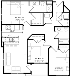 A black and white image of a floor plan for a house with three bedrooms.