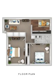a stylized floor plan with bedrooms and a living room