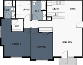 A floor plan of a house with two bedrooms, a living room, a kitchen, a dining area, a laundry room, and a bathroom.
