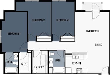 A floor plan of a house with three bedrooms, a laundry room, a kitchen, a dining room, and two bathrooms.