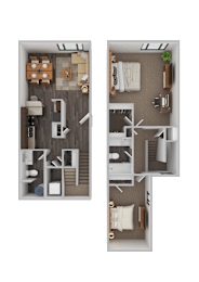 A floor plan of a two-bedroom apartment with a living room, kitchen, and bathroom.