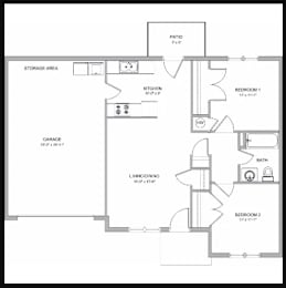 A floor plan of a house with a garage, two bedrooms, a living room, a kitchen, a bathroom, a storage area, and a patio.
