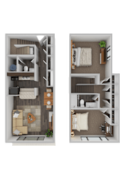 A floor plan of a two-bedroom apartment with a living room, kitchen, and bathroom.