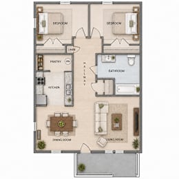 A floor plan of a house with two bedrooms, a pantry, a kitchen, a dining room, a bathroom, a hallway, and a living room.