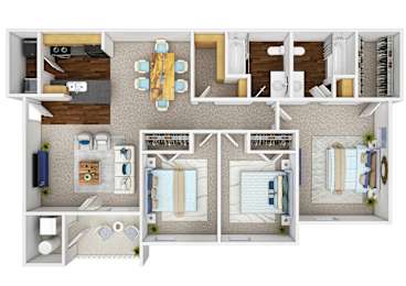 A floor plan of a house with a kitchen, living room, dining room, and bedrooms.