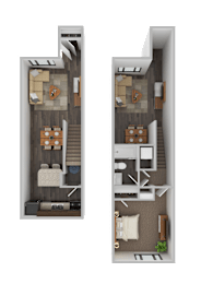 A floor plan of a two-story apartment with a living room, kitchen, and bedrooms.