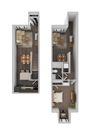 A floor plan of a two-story apartment with a living room, kitchen, and bedrooms.