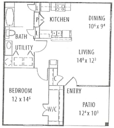 A floor plan of a house with labeled rooms such as kitchen, dining, and bedroom.