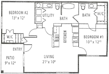 A floor plan of a home with a living area, two bedrooms, a patio, a kitchen, a utility room, and a bathroom.