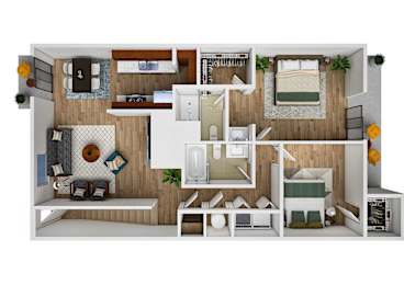 A 3D rendered image of a small apartment layout.