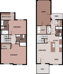 A floor plan of a two bedroom apartment with a living room, kitchen, and bathrooms.